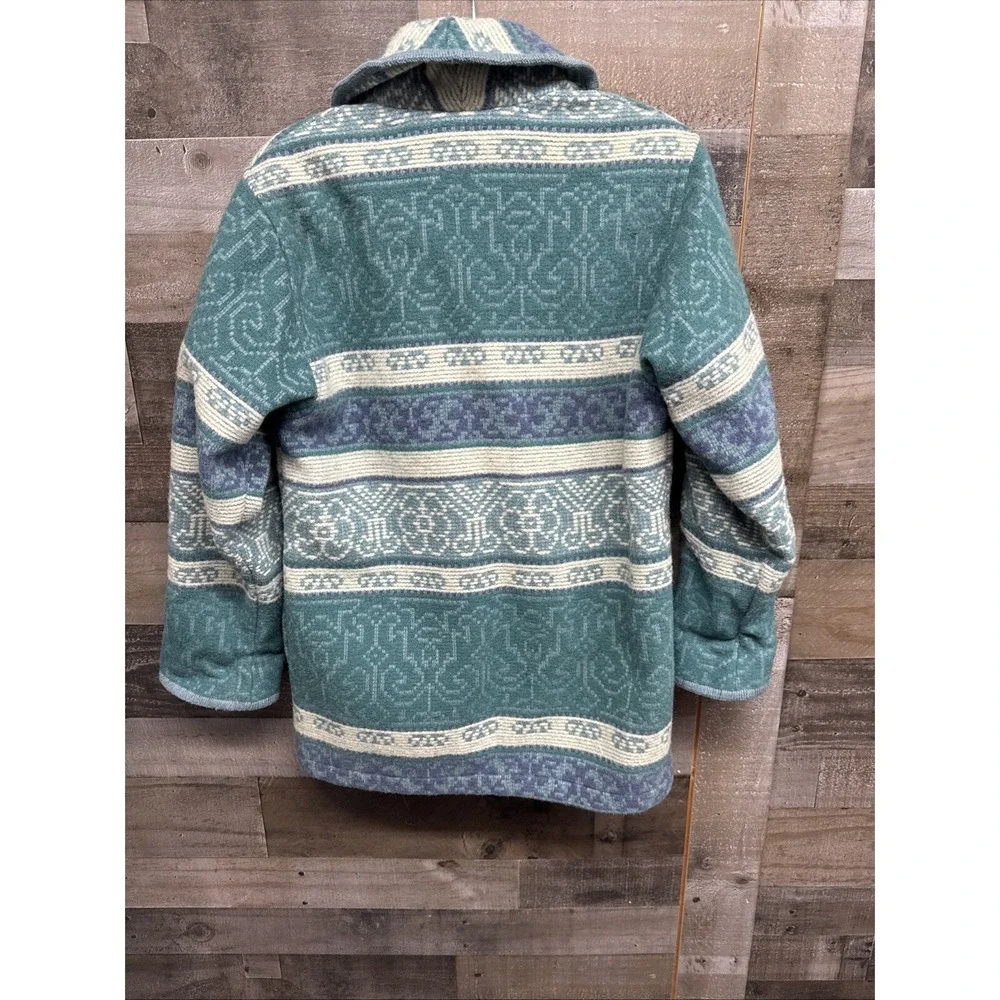 VTG Eddie Bauer Wool Barn Jacket Blanket Coat Womens Blue Navajo Tribal Aztec PS
